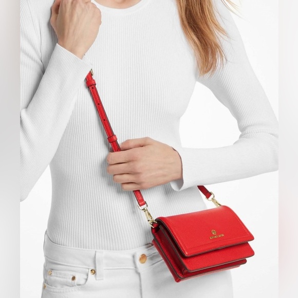 MICHAEL KORS JS Small Pebbled Leather Smartphone Crossbody Red Bag AUTHENTIC NEW - Picture 4 of 7